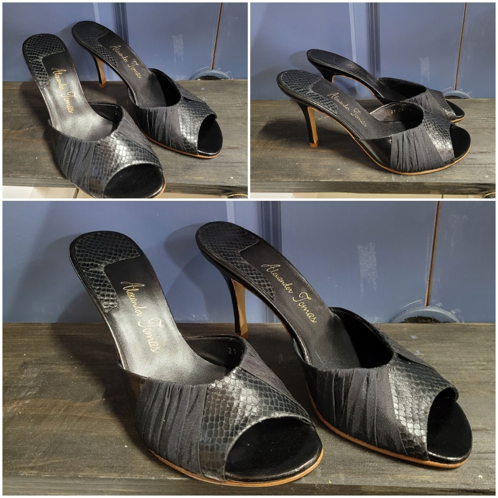 Alexander Thomas Black Leather Open Toe Mules